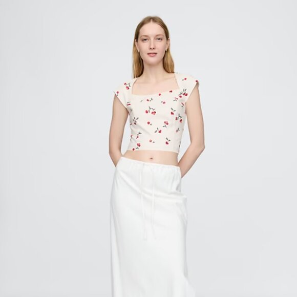 NWT Cherry Print Linen-Blend Cap-Sleeve Crop Top XL - Picture 2 of 5